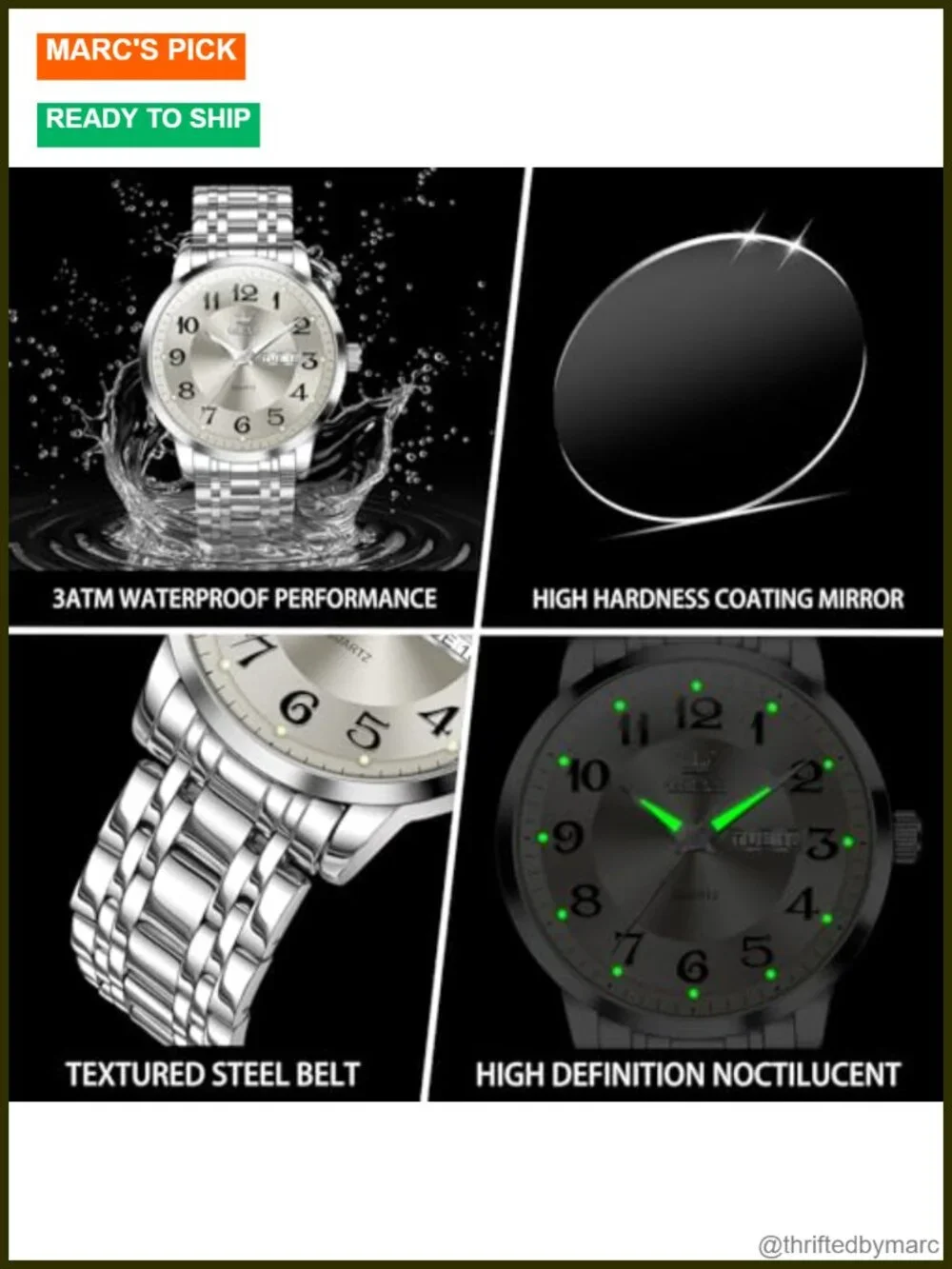 Big Dial Men's Watch Day Date Stainless Steel Quartz Analog Waterproof 40mm